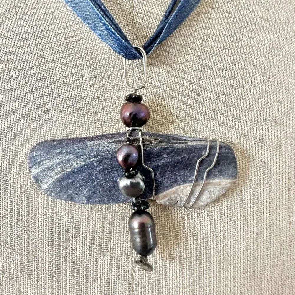 Natural Kyanite & Freshwater Pearl Artisan Pendant Necklace